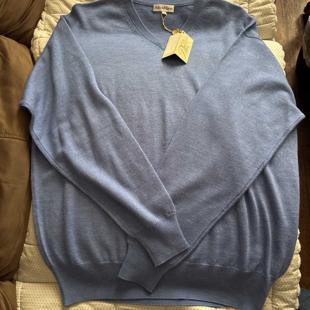Bullock & Jones Wool Silk Cashmere V-Neck Sweater Mens L Blue Peter Millar RN